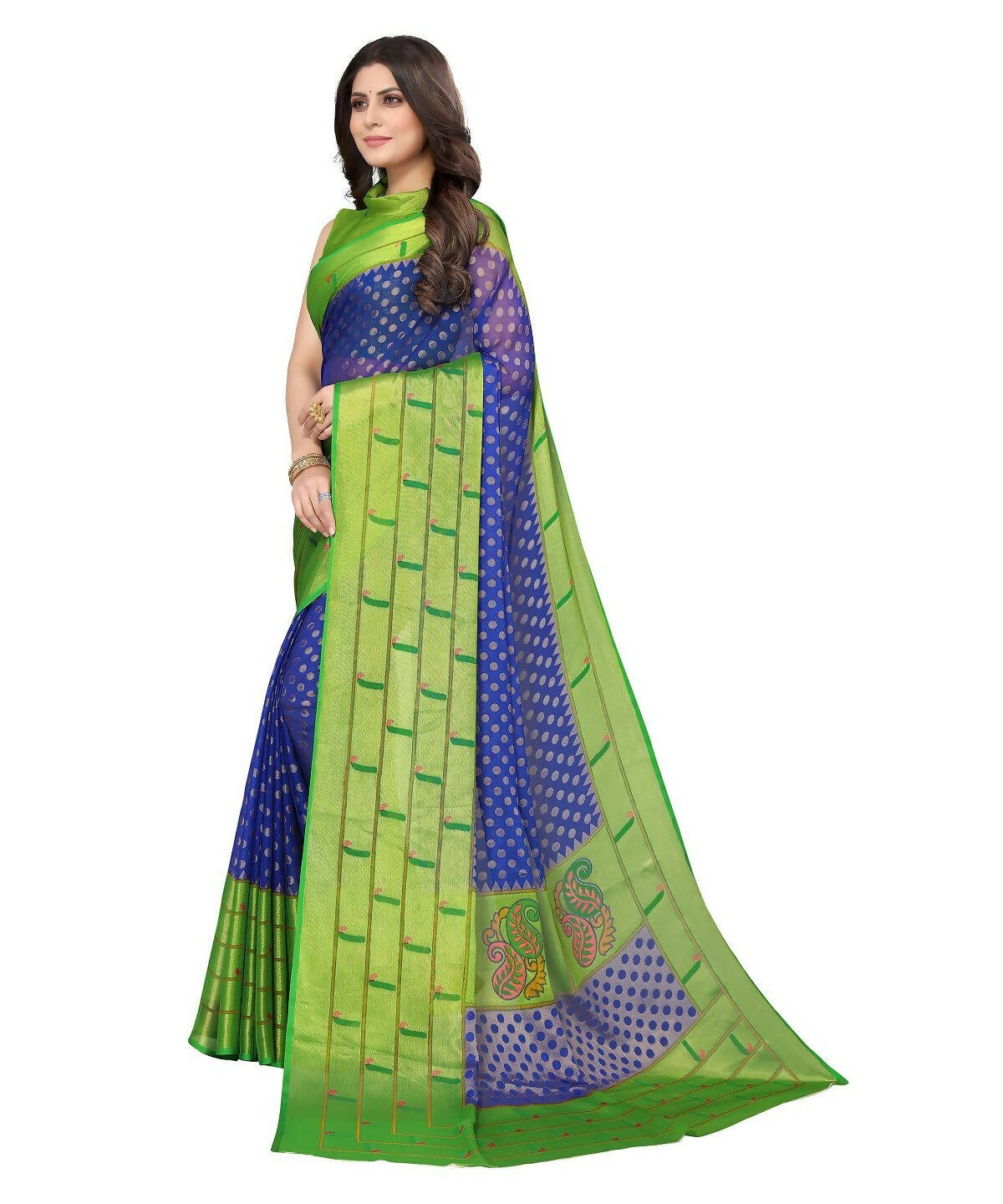 Vamika Blue Chiffon Brasso Bollywood Style Woven Saree (DIMPLE BLUE) | Grocsy
