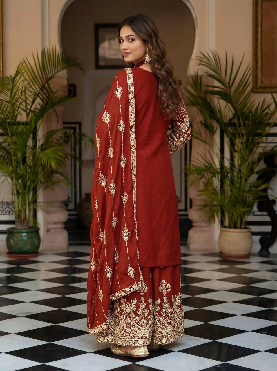 Joban Fashion Red Silk Embroidered Sharara Set | Grocsy
