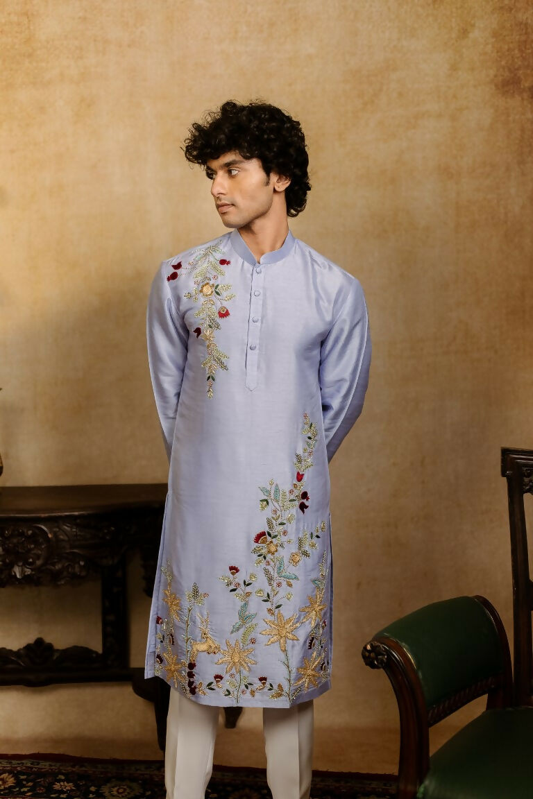 Falling Raw Silk Power Blue Botanical Bloom Kurta Set By Hilo Design | Grocsy