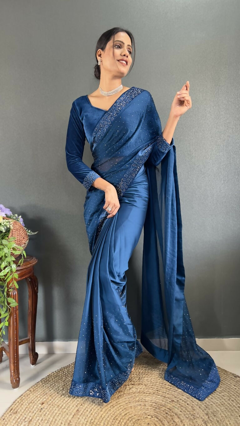Vastranavya Teal Rangoli Silk Swarovski work Ready to Wear Saree | Grocsy