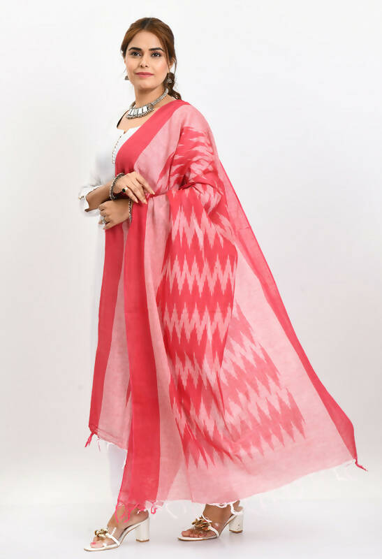 Mominos Fashion Moeza Women's Handloom Cotton Ikkat Pink Dupatta | Grocsy