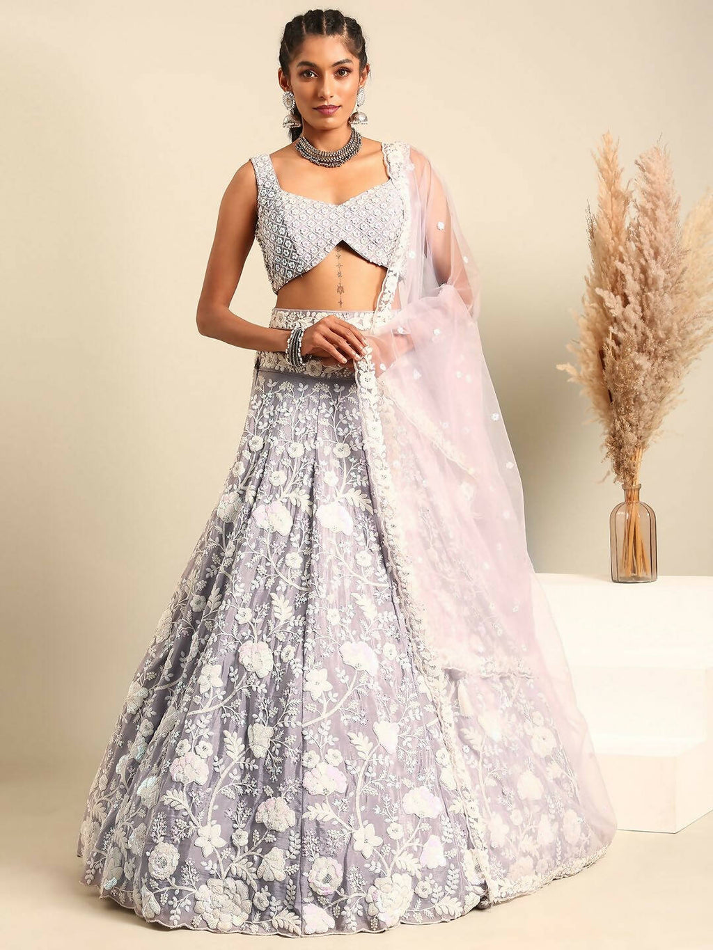 House of Panchhi Mauve Chinon Sequins and Zarkan embroidery Lehenga choli & Dupatta | Grocsy