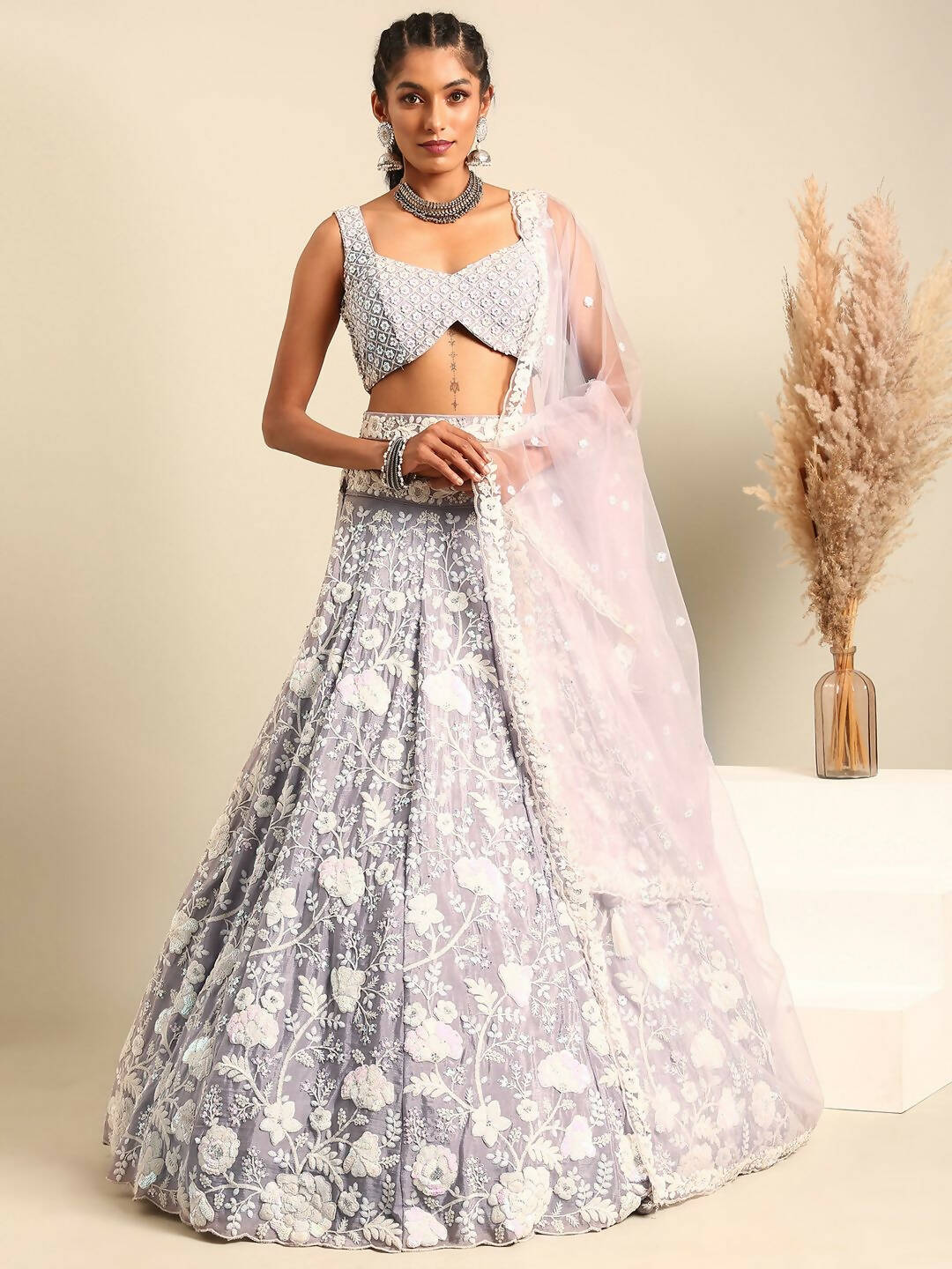 House of Panchhi Mauve Chinon Sequins and Zarkan embroidery Lehenga choli & Dupatta | Grocsy