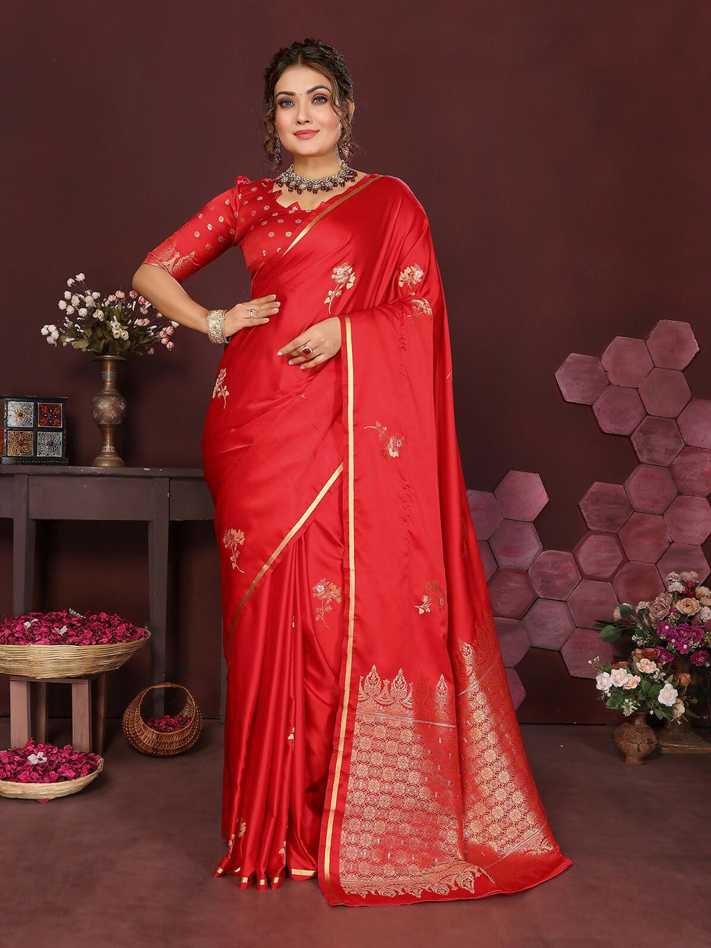 Joban Fashion Red Floral Banarasi Silk Sarees | Grocsy