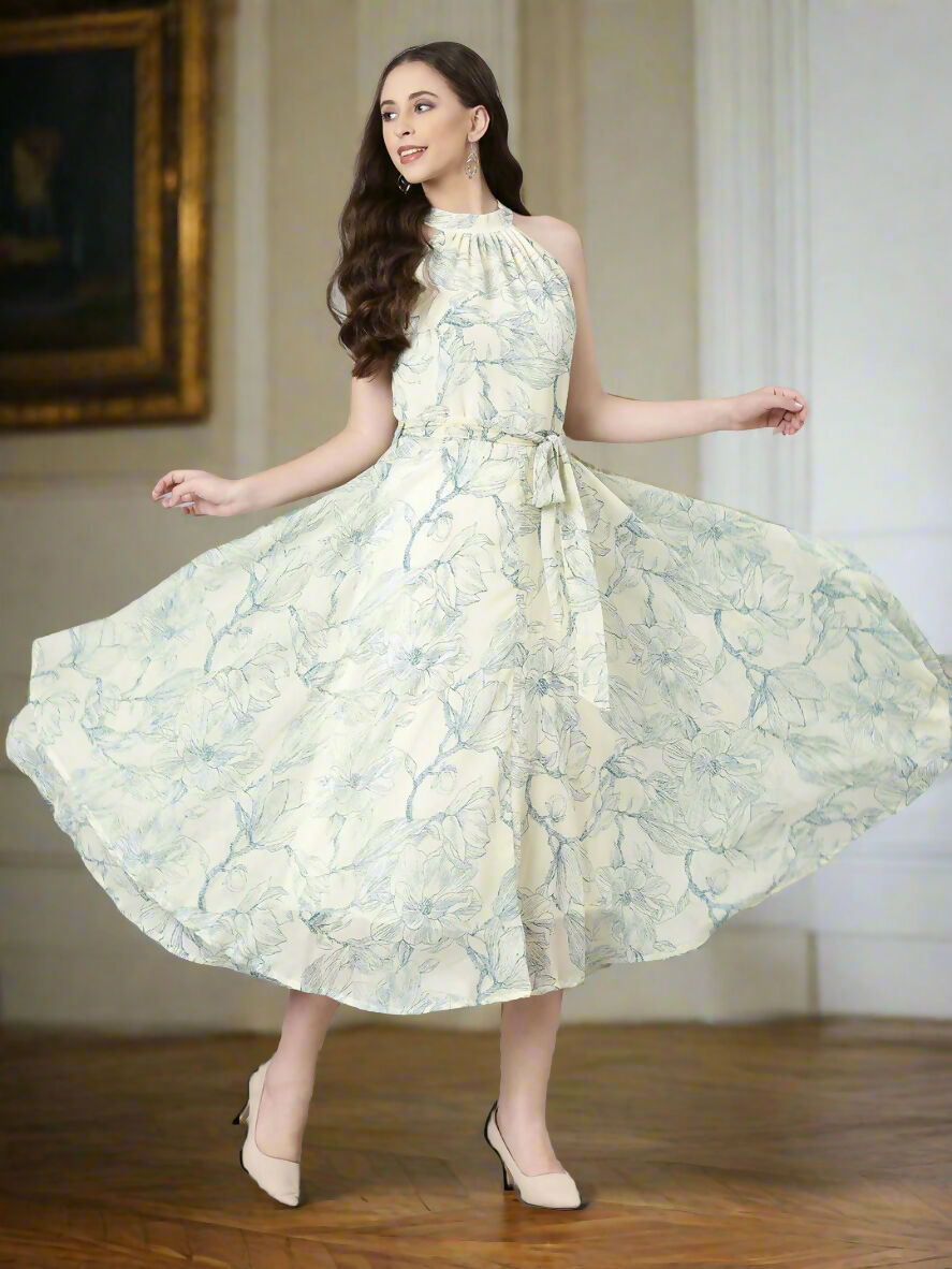Souchii Cream & Blue Floral Chiffon Maxi Dress | Grocsy