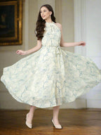 Souchii Cream & Blue Floral Chiffon Maxi Dress | Grocsy