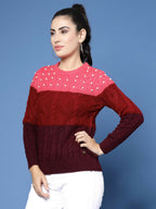 Women Color Block Marron Acrylic Winter Sweater - Wool Trees | Grocsy