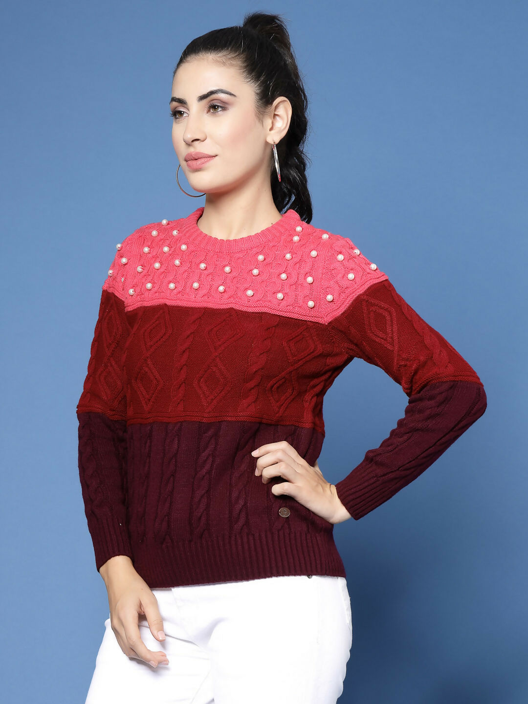 Women Color Block Marron Acrylic Winter Sweater - Wool Trees | Grocsy