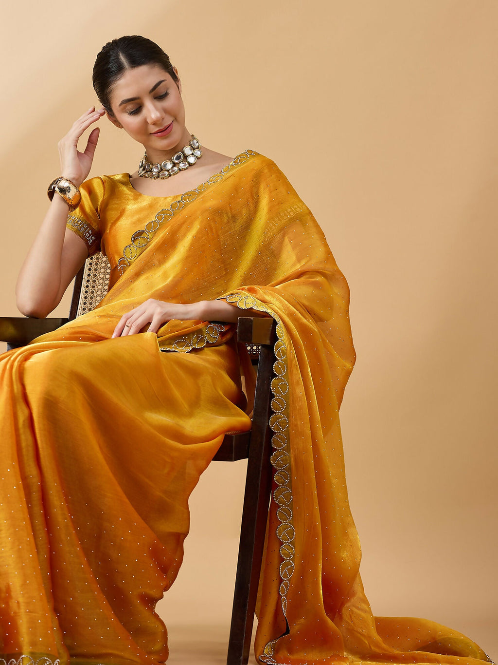Mustard Organza Swaroski Diamond Work Saree with Unstitched Blouse - Radha | Grocsy