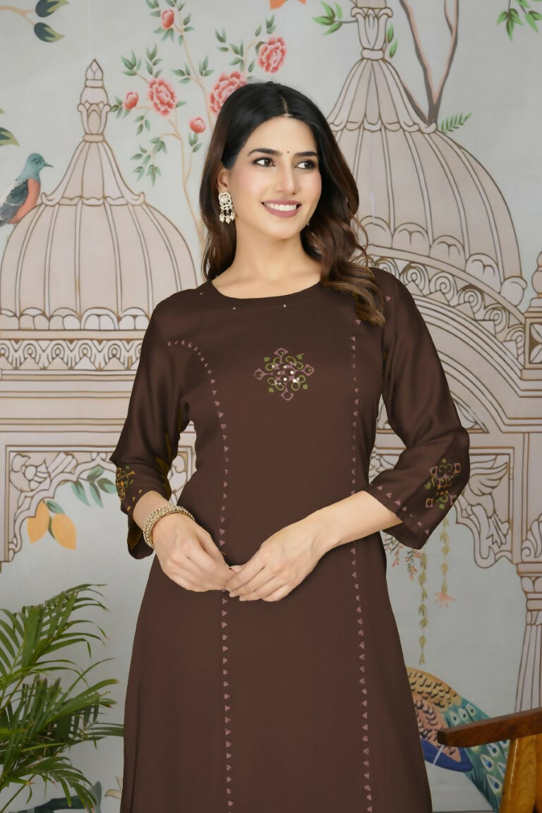 Festive Wear Ethnic Pure gaji silk with pocket inside kurti Brown Stitched Suit - Pihu | Grocsy