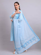 Joban Fashion Sky Blue Cotton Buti Printed & Embroidery Work Kurta With Trousers & Dupatta Set | Grocsy
