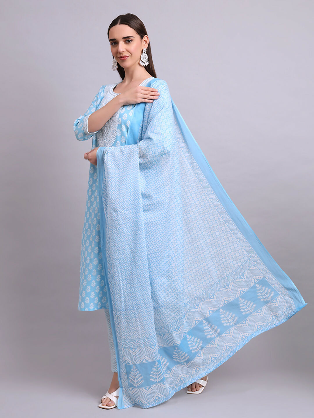 Joban Fashion Sky Blue Cotton Buti Printed & Embroidery Work Kurta With Trousers & Dupatta Set | Grocsy
