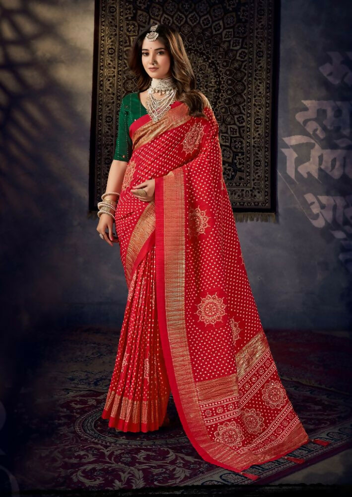 Joban Fashion Green Dola Silk Foil Print Zari Border Work Saree | Grocsy