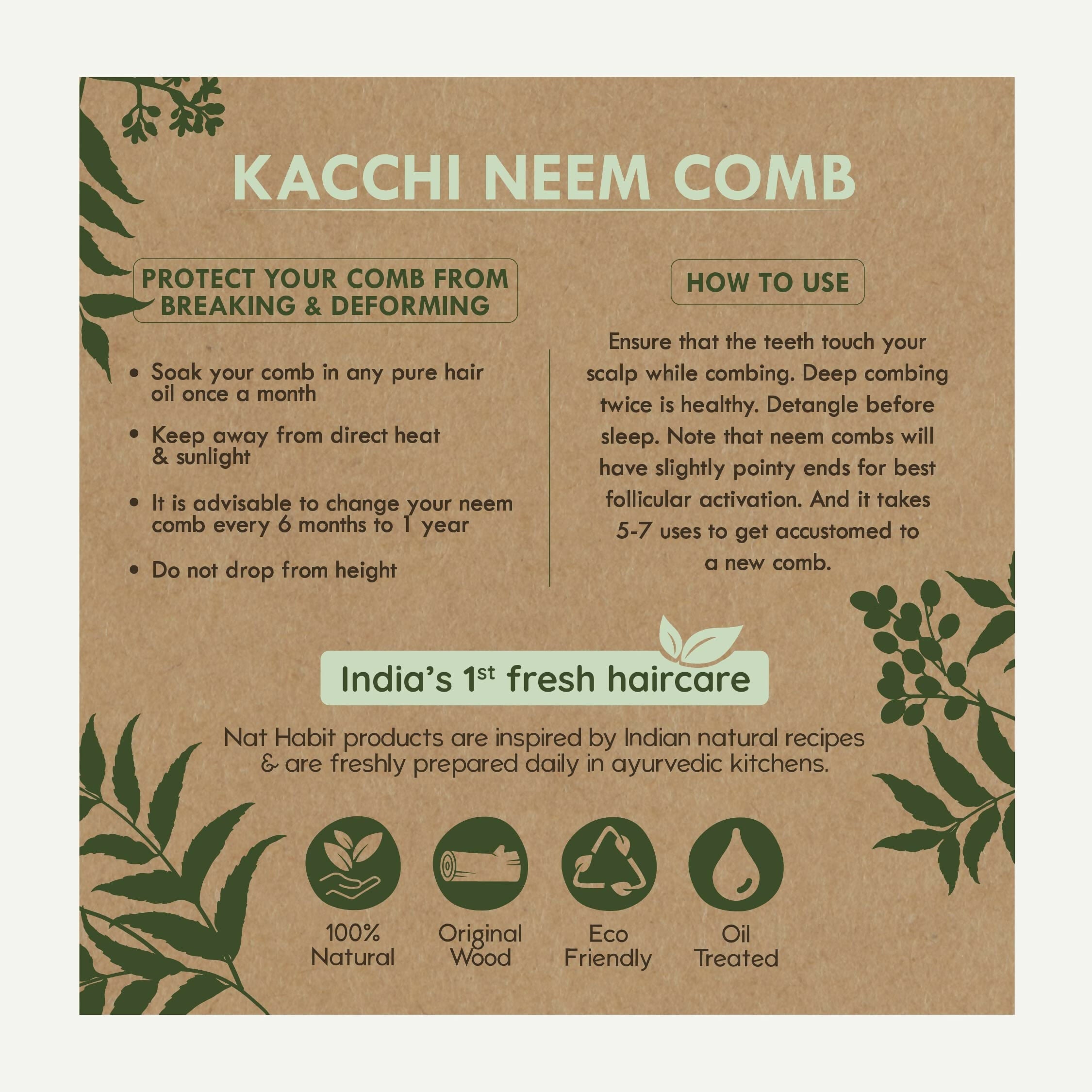 Nat Habit Kacchi Neem Wooden Comb - Soaked In 13 Herbs, Neem & Sesame Oil For Multi-Actions | Grocsy