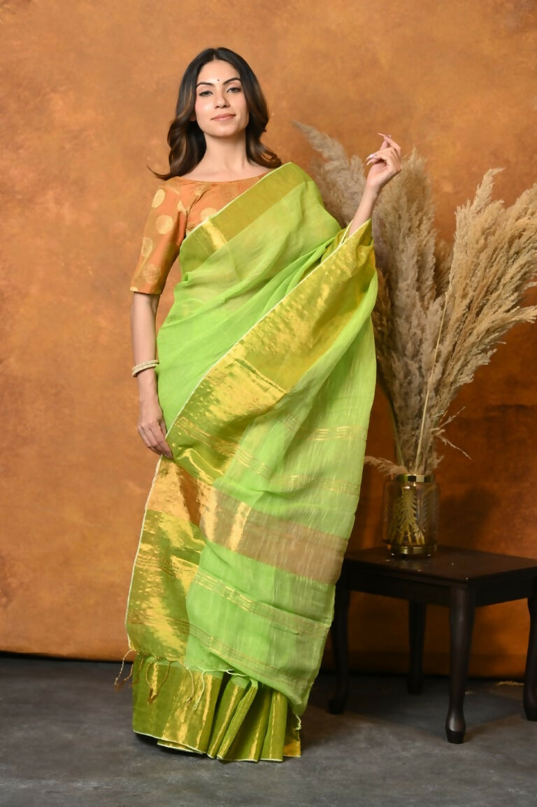 Very Much Indian Handloom Pure Cotton Linen Saree With Golden Border - Light Green | Grocsy
