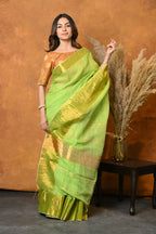 Very Much Indian Handloom Pure Cotton Linen Saree With Golden Border - Light Green | Grocsy