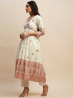 White And Peach Pure Cotton Floral Printed Anarkali Kurta And Bottom With Dupatta - Akashara | Grocsy