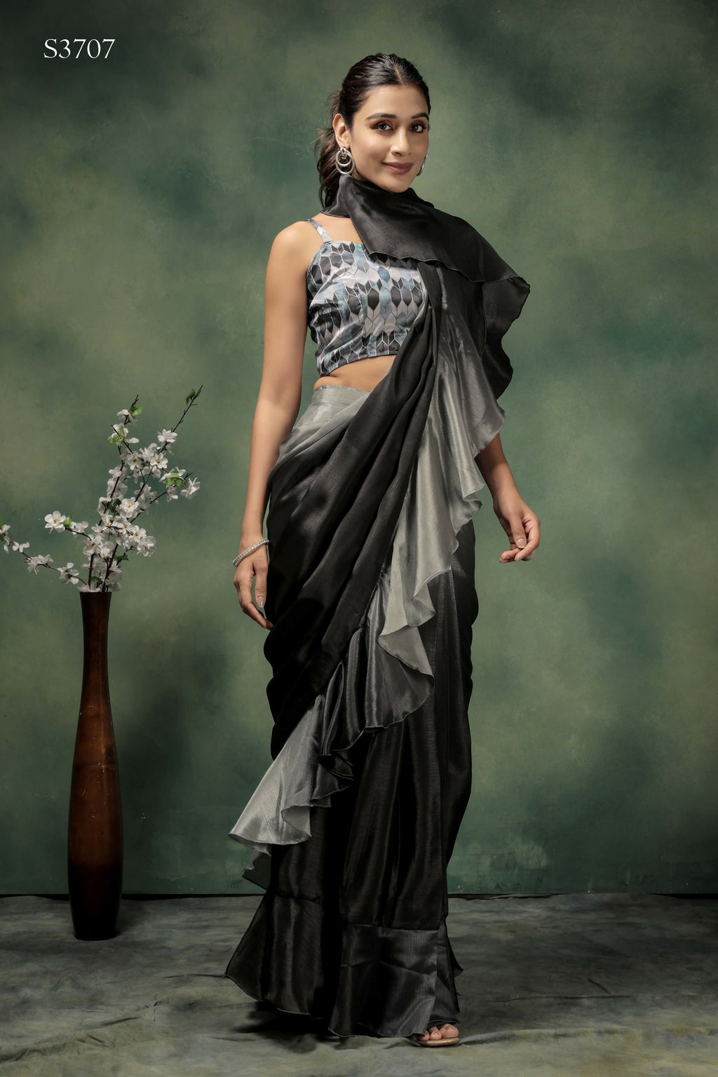 Grey Satin Solid Designer, Printed Party Wear Ready To Wear Saree - Nasreen | Grocsy