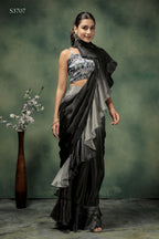 Grey Satin Solid Designer, Printed Party Wear Ready To Wear Saree - Nasreen | Grocsy