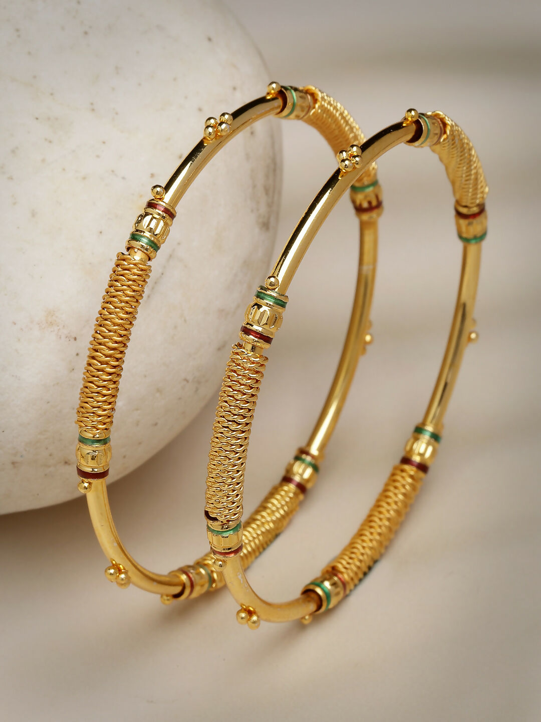 NVR Women's Set of 2 Gold-Polished Handcrafted Traditional Bangles