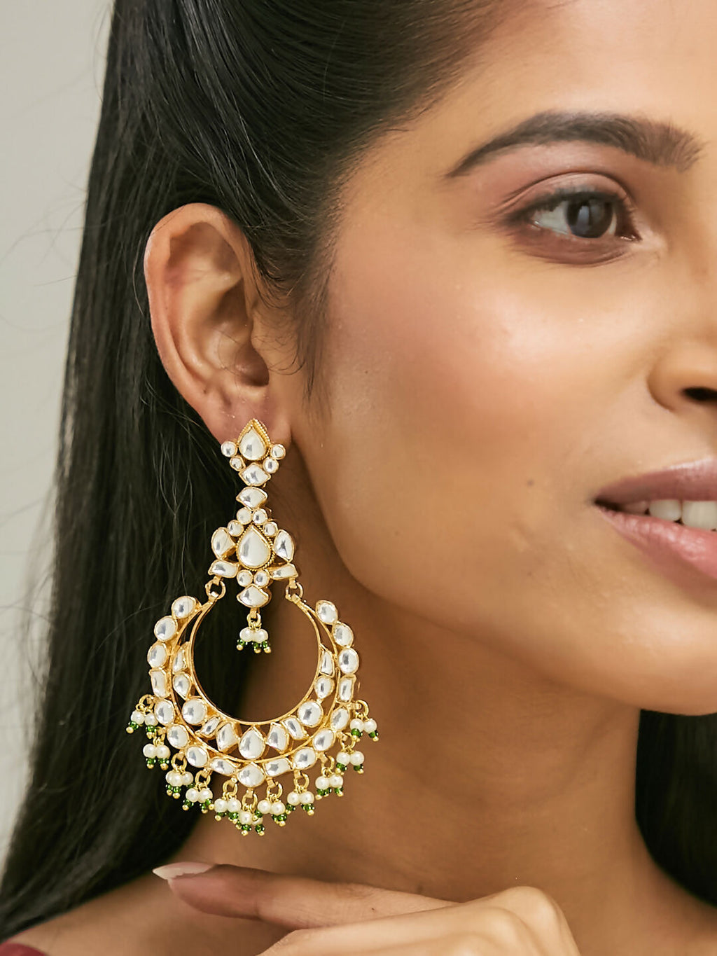 Nuyug 22K Gold-Plated Elegant Kundan Studded & Beaded Floral Chandbali Earrings | Grocsy