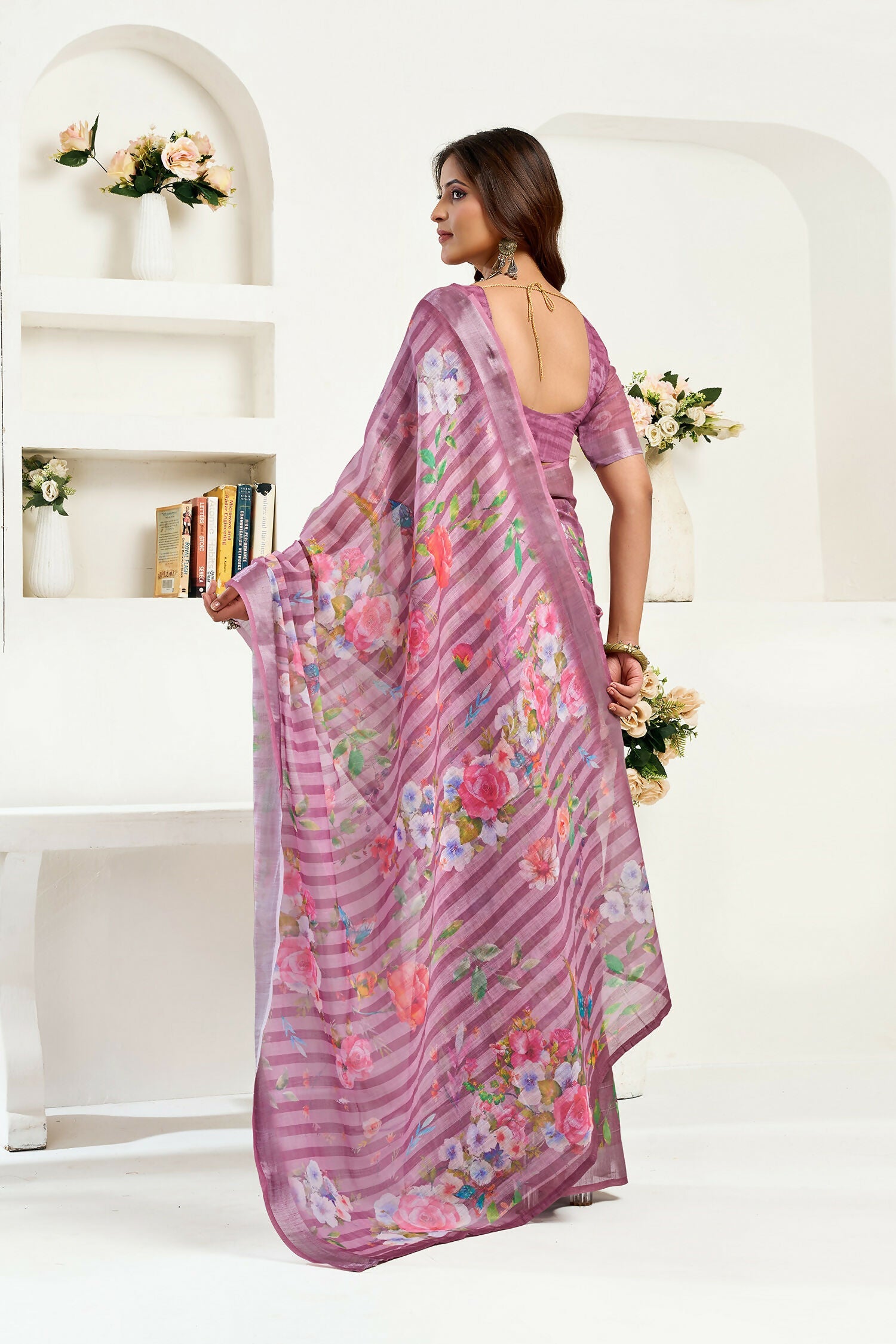Joban Fashion Dusty Wine Floral & Striped Linen Ready To Wear Saree With Unstitched Blouse | Grocsy