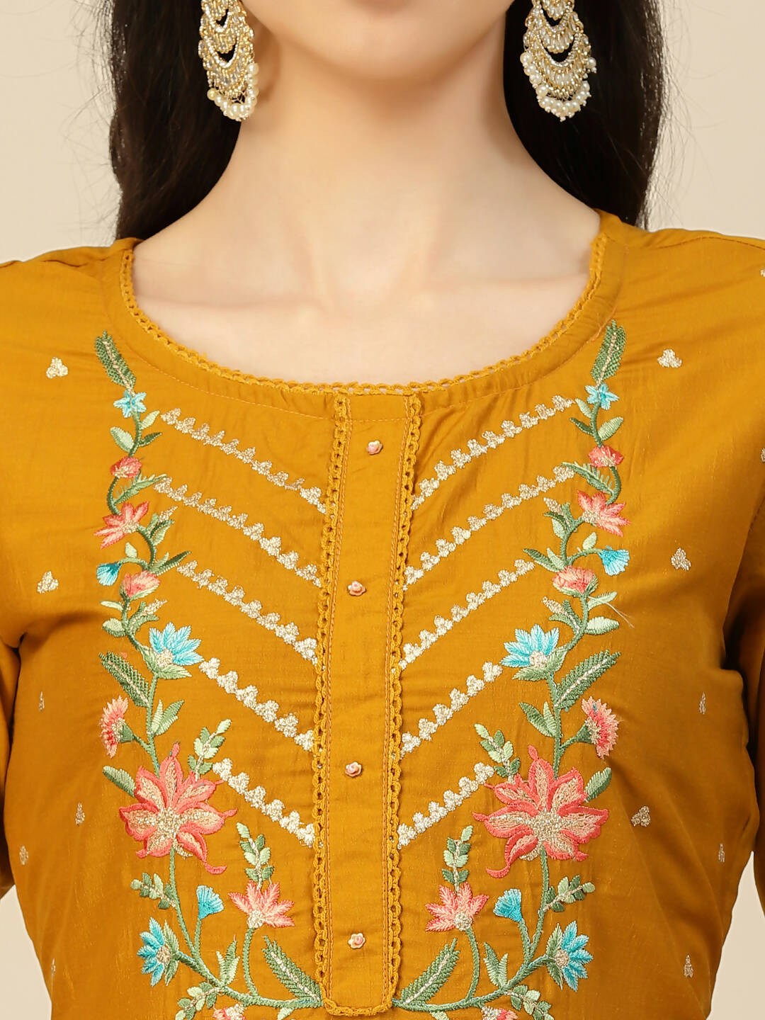 Mustard Embroidered Chinon Straight Kurta With Trouser & Dupatta - Salimar | Grocsy