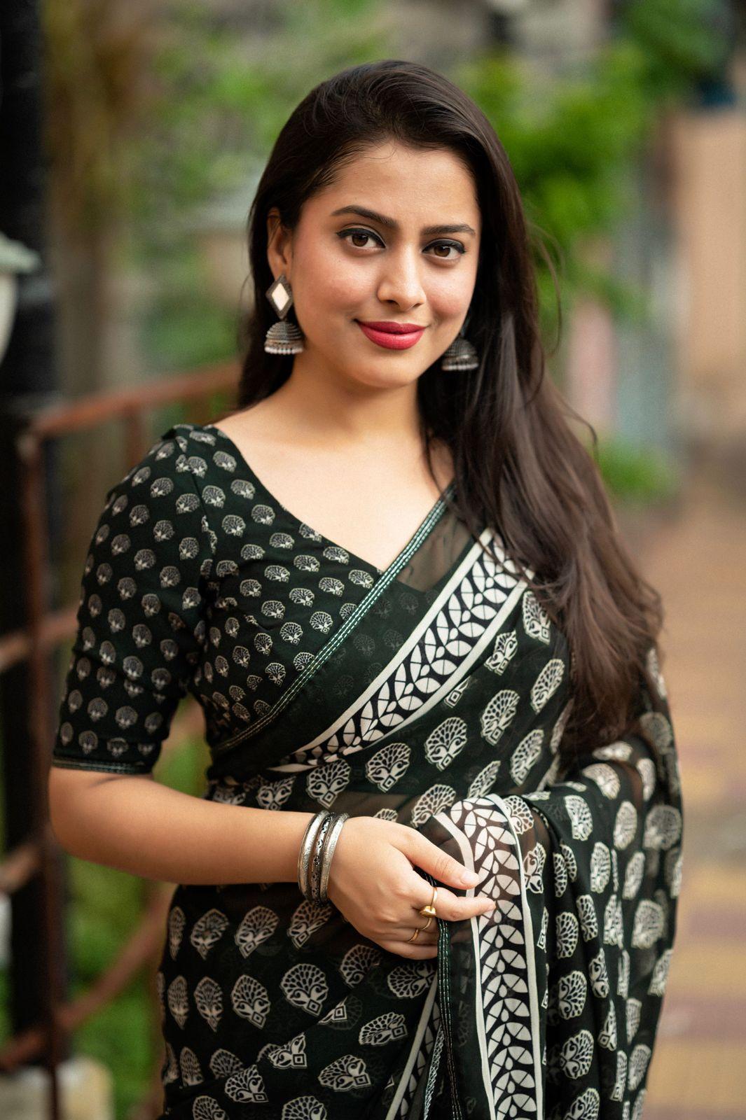 Black Poly Georgette Ajrak Saree with Unstitched Blouse - Hiral Fashion | Grocsy
