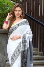Beatitude White Cotton Jacquard Border Tangail Handloom Saree | Grocsy