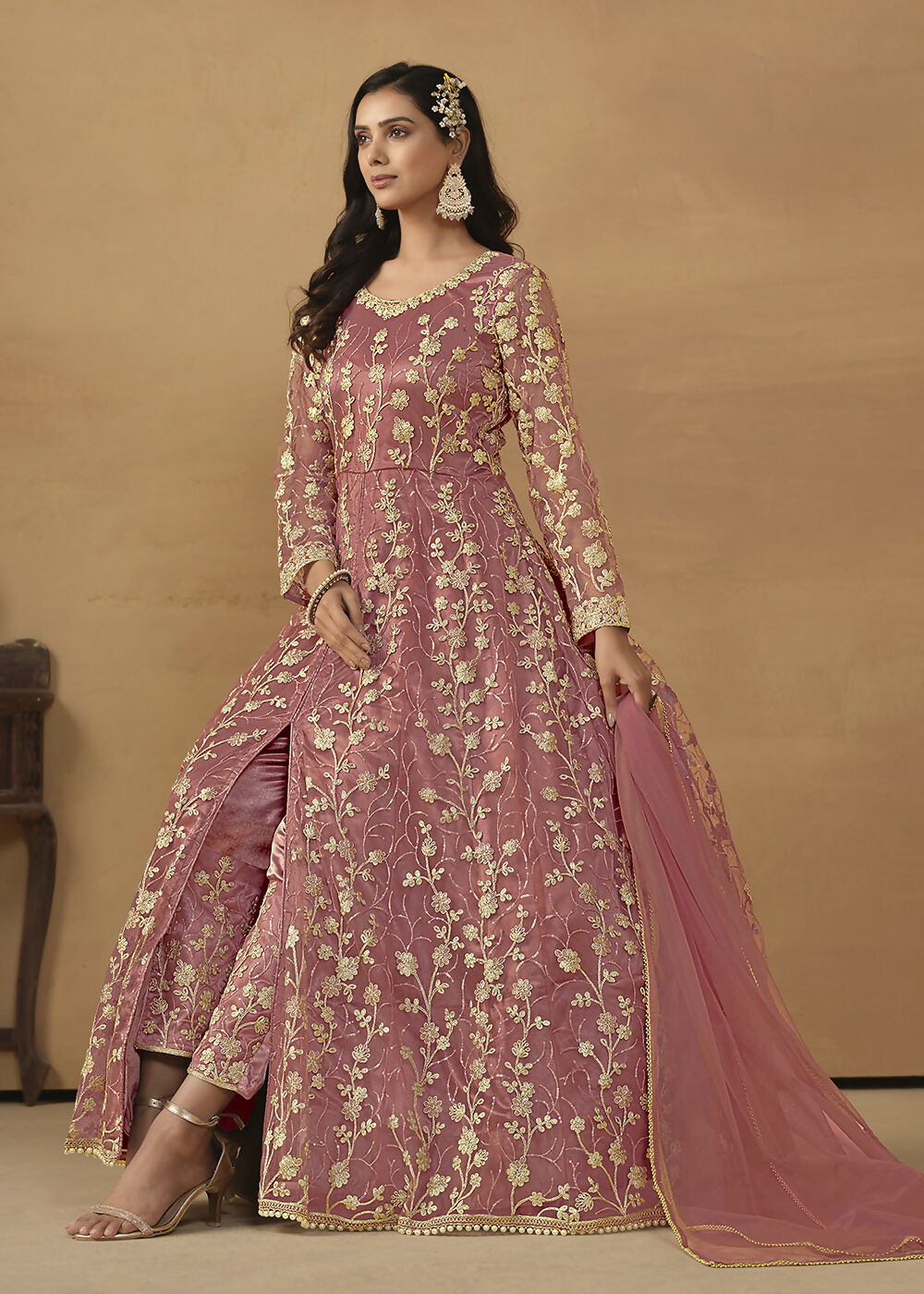 Pant Style Coral Pink Embroidered Net Wedding Anarkali Suit - Emponline | Grocsy