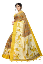 Vamika Multicolor & Yellow Kalamkari With Jhalar Khadi Silk Saree | Grocsy