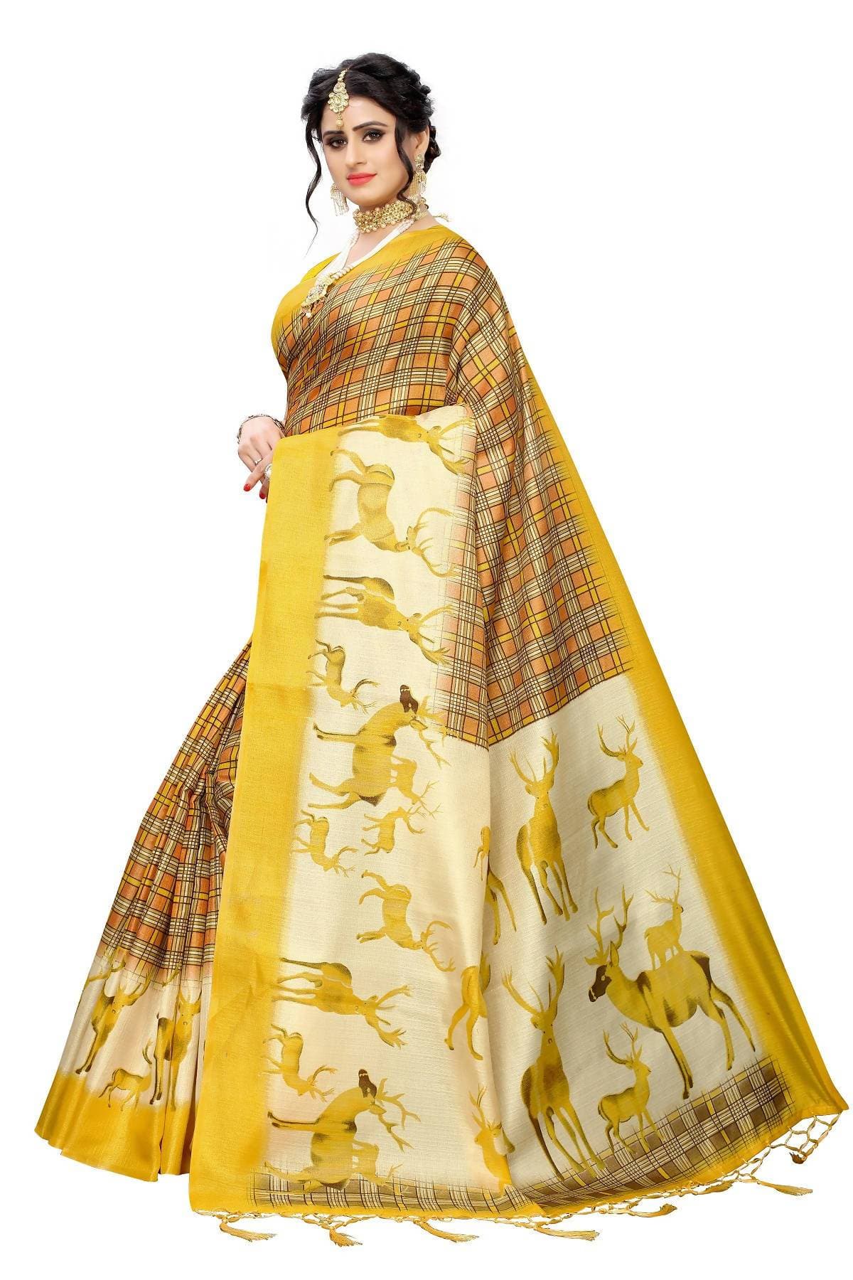 Vamika Multicolor & Yellow Kalamkari With Jhalar Khadi Silk Saree | Grocsy