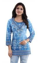 Snehal Creations Novelista Sky Blue Faux Crepe Printed Short Kurti Tunic | Grocsy