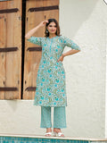 Aramya Straight Soft Cotton Floral Print Women's Kurta Set - Turquoise | Grocsy
