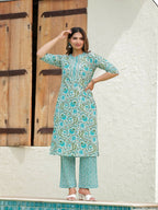 Aramya Straight Soft Cotton Floral Print Women's Kurta Set - Turquoise | Grocsy
