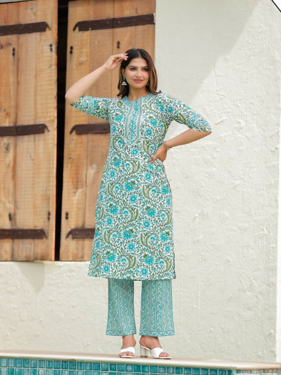 Aramya Straight Soft Cotton Floral Print Women's Kurta Set - Turquoise | Grocsy