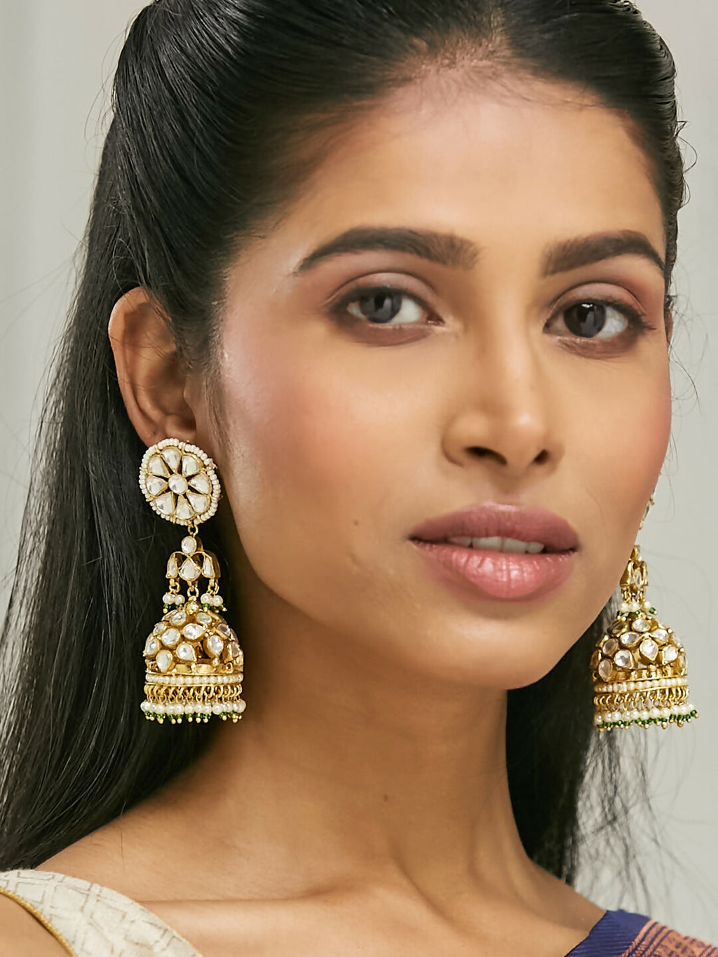 Nuyug 22K Gold-Plated Kundan Stone Studded & Pearl Beaded Dome Shaped Jhumkas | Grocsy