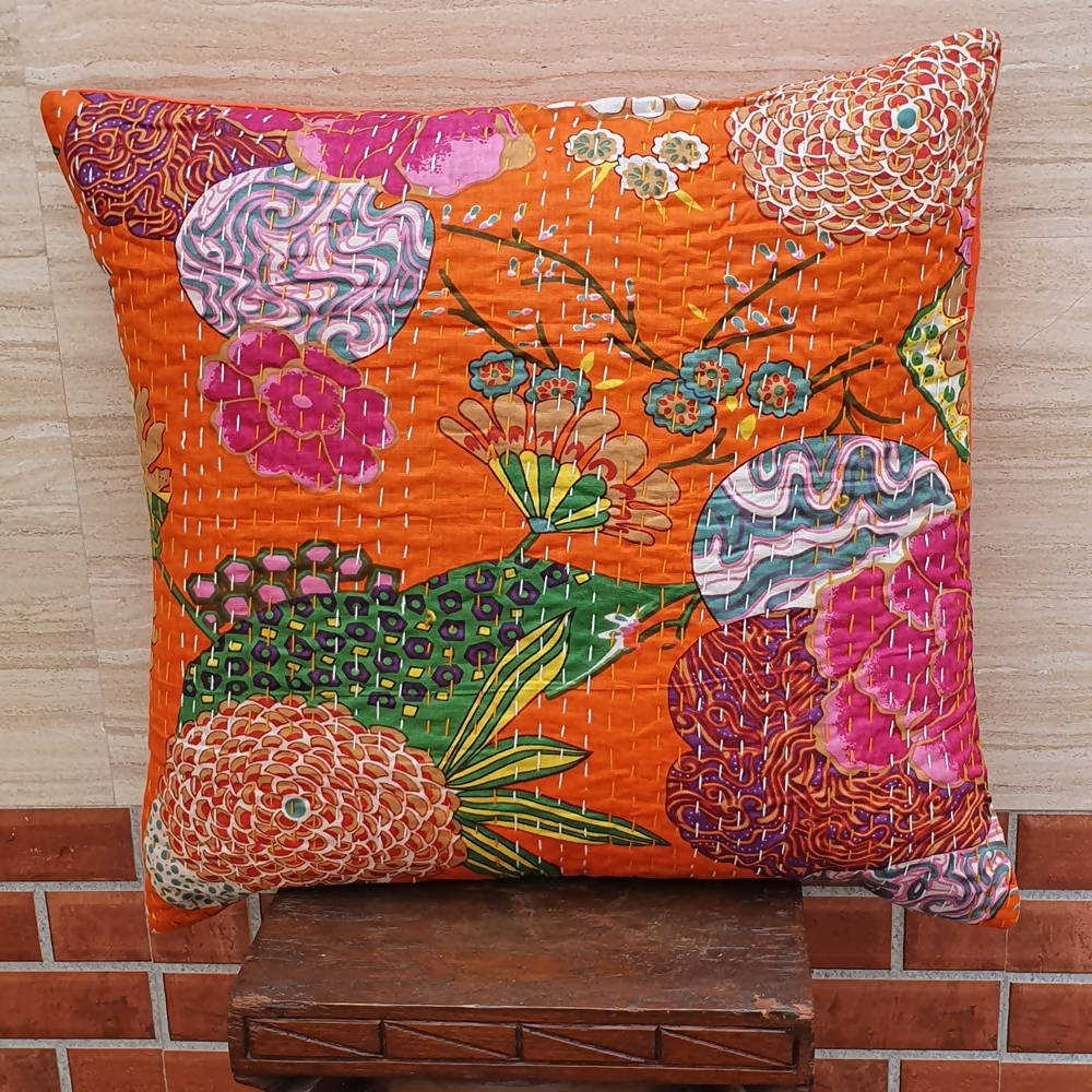 The Decor Nook Orange Base With Multicolour Flowers Print Cushion Cover | Grocsy