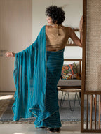 Suta Turquoise Blue Striped Viscose Rayon Saree | Grocsy