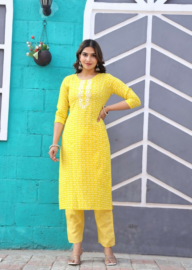 Alvano Printed Beautiful Straight Kurti with Pant and Dupatta set for Women and Girls (Yellow) | Grocsy