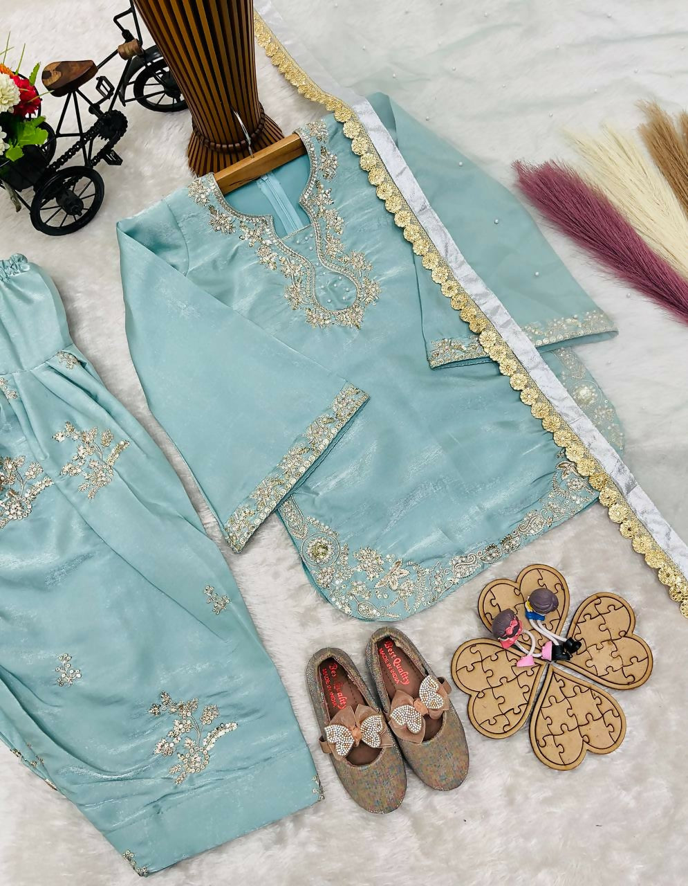 Teeya Creation New Kids Latest Trendy Kurta Palazzo Set-Blue | Grocsy