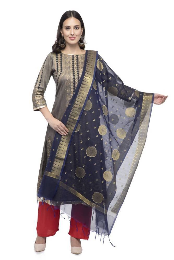 A R Silk Women's Vanarsi Silk Zari Border Embroidery Navy Blue Fancy Dupatta | Grocsy