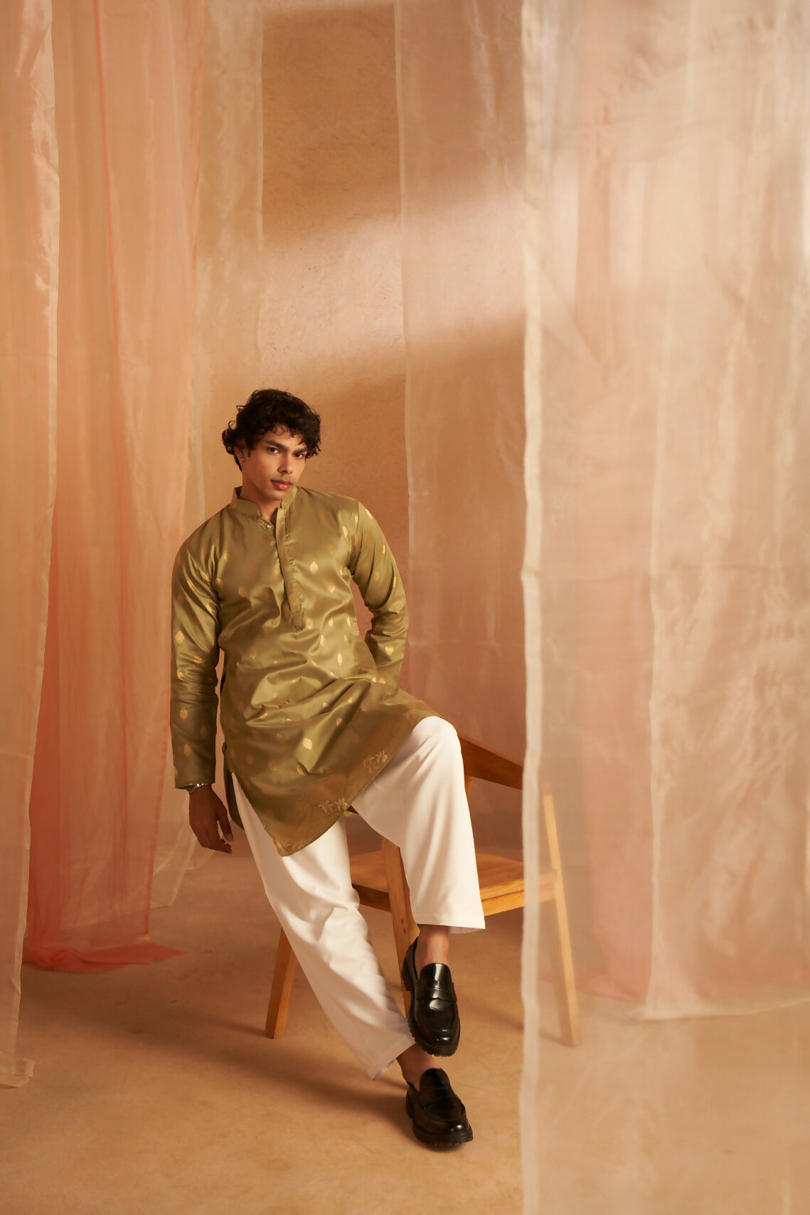 Green Viscose Wevon Designer Men's Kurta Set - Mahotsav | Grocsy