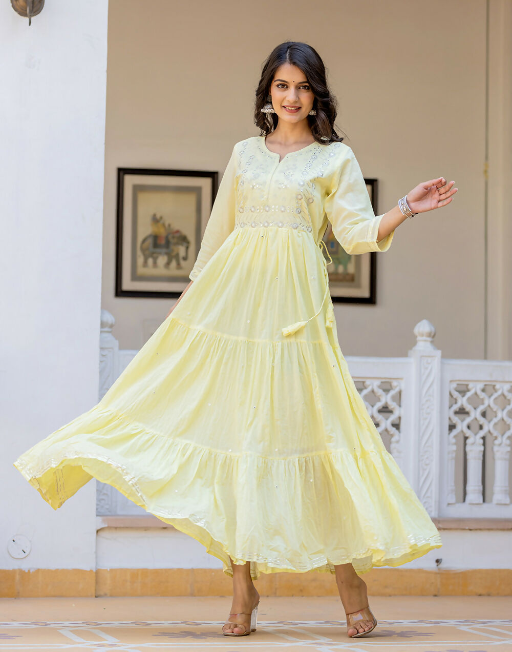 Kaajh Women's Yellow Embroidered Ethnic Dress | Grocsy