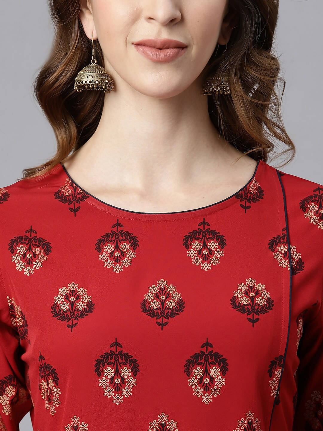 Janasya Women Maroon & Navy Blue Ethnic Motifs Printed Kurta with Trousers | Grocsy