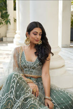 Aastha Fashion Dusty Green Butterfly Net White Cotton Thread Work And Sequence Work Embroidery Wedding Wear Lehenga Choli | Grocsy