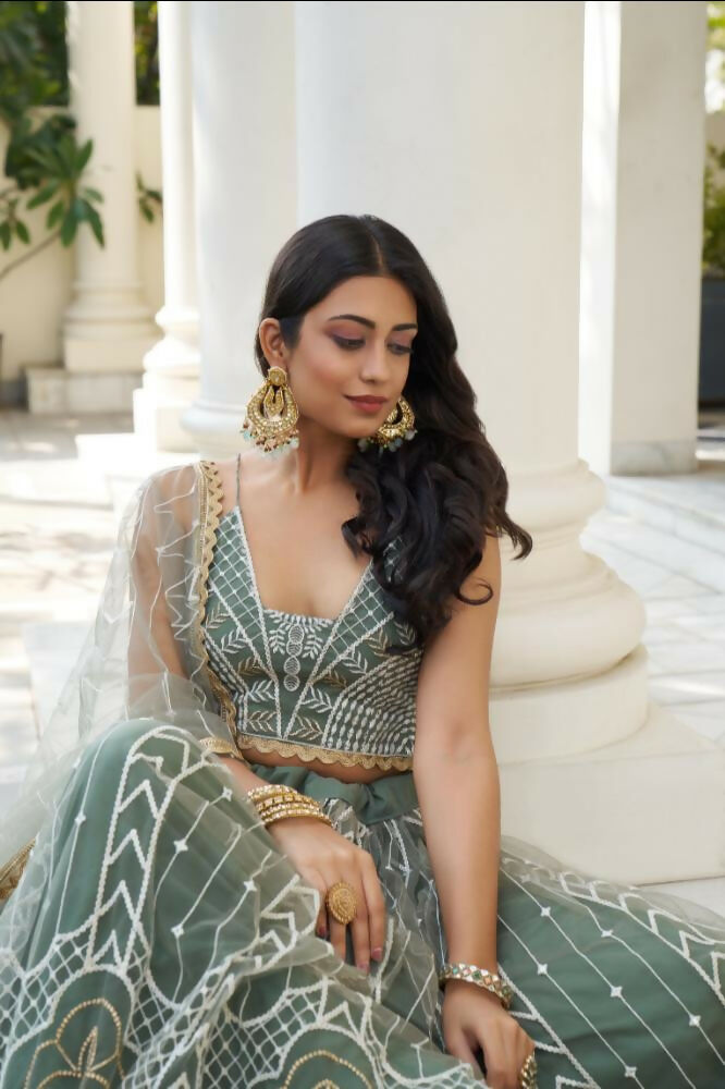 Aastha Fashion Dusty Green Butterfly Net White Cotton Thread Work And Sequence Work Embroidery Wedding Wear Lehenga Choli | Grocsy