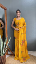 Aayaa Designer 1 min Hand Painted Ready to Wear saree - Mustard Yellow | Grocsy