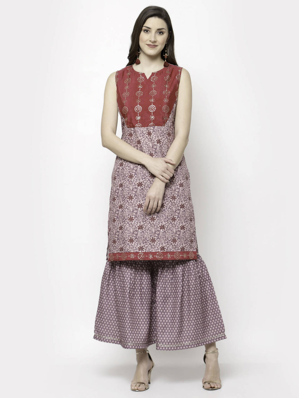 Myshka Multicolor Cotton Blend Printed Sleeveless Round Neck Kurta Palazzo Dupatta Set | Grocsy