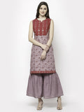 Myshka Multicolor Cotton Blend Printed Sleeveless Round Neck Kurta Palazzo Dupatta Set | Grocsy